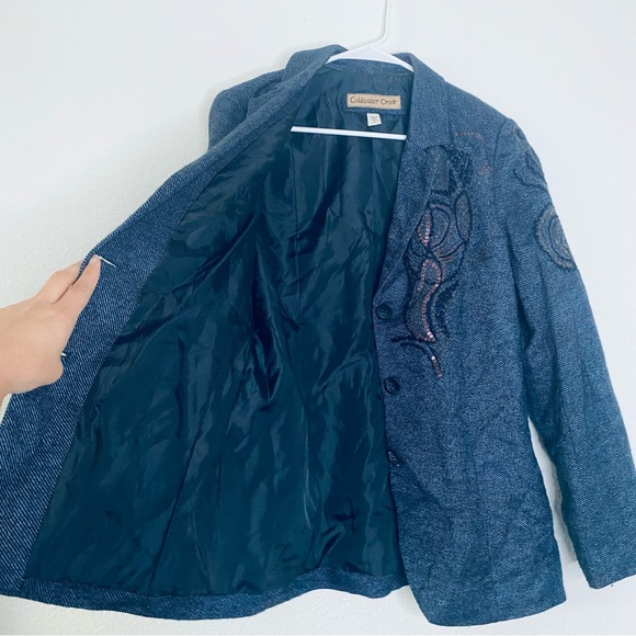 Coldwater Creek Boho Embroidered Sequined Navy Striped Woven Wool Blend Blazer 8 - Picture 5 of 7